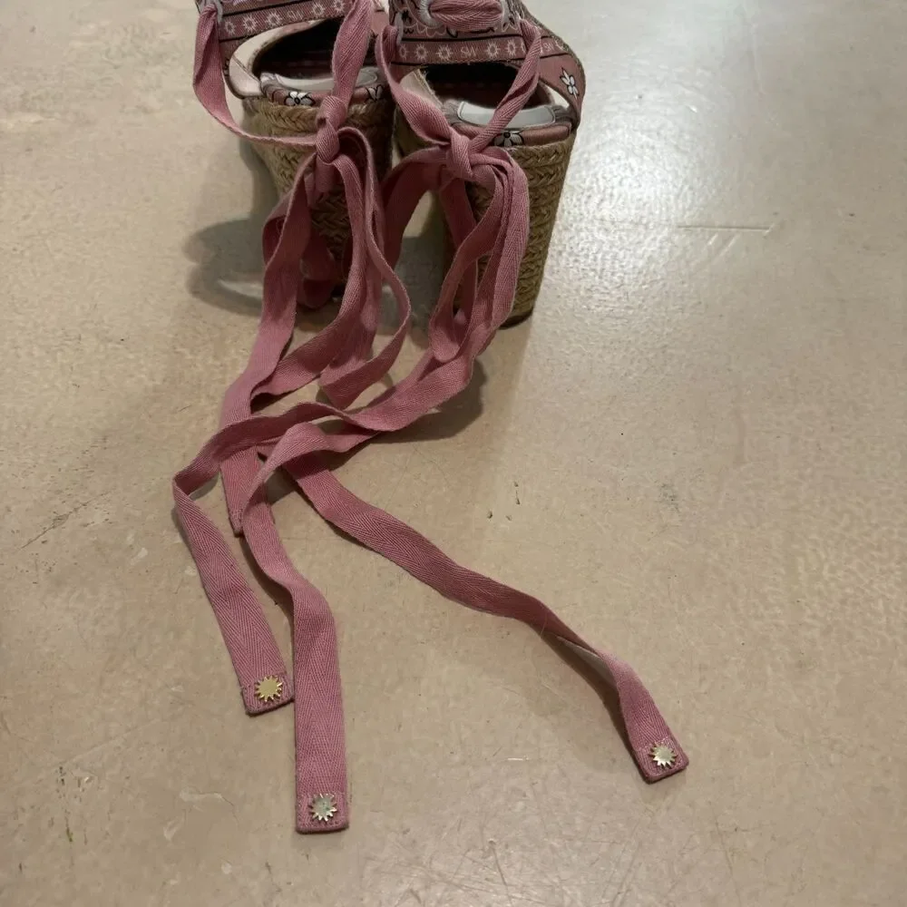 Stuart Weitzman Sandals Wedge Espadrille Bandana Print Pink Women sz 8.5